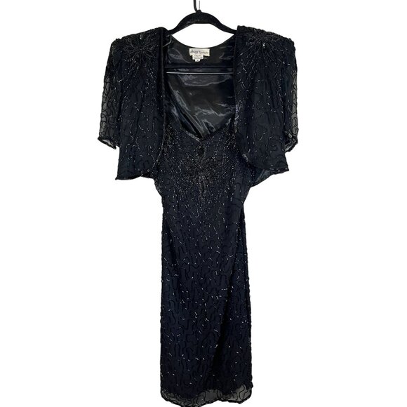 Vintage Jasdee Hand Beaded Silk Tank Dress Black M Crop Bolero Midi Classic 70s - Picture 1 of 13
